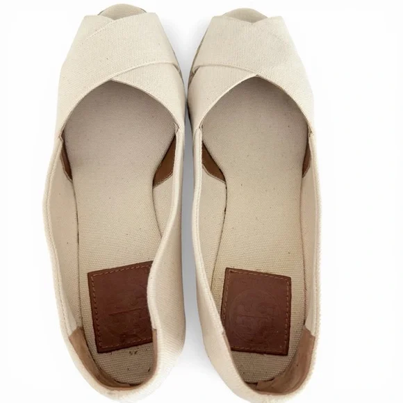 TORY BURCH Filipa Espadrille Wedges Cream Canvas Logo Summer Shoes size 7 - Picture 4 of 13